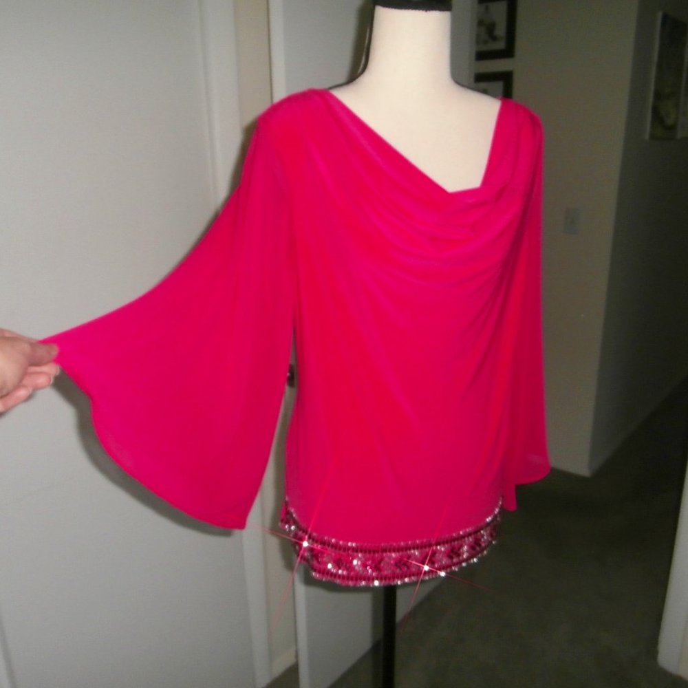 Flowy pink bead embellished cowl neck blouse